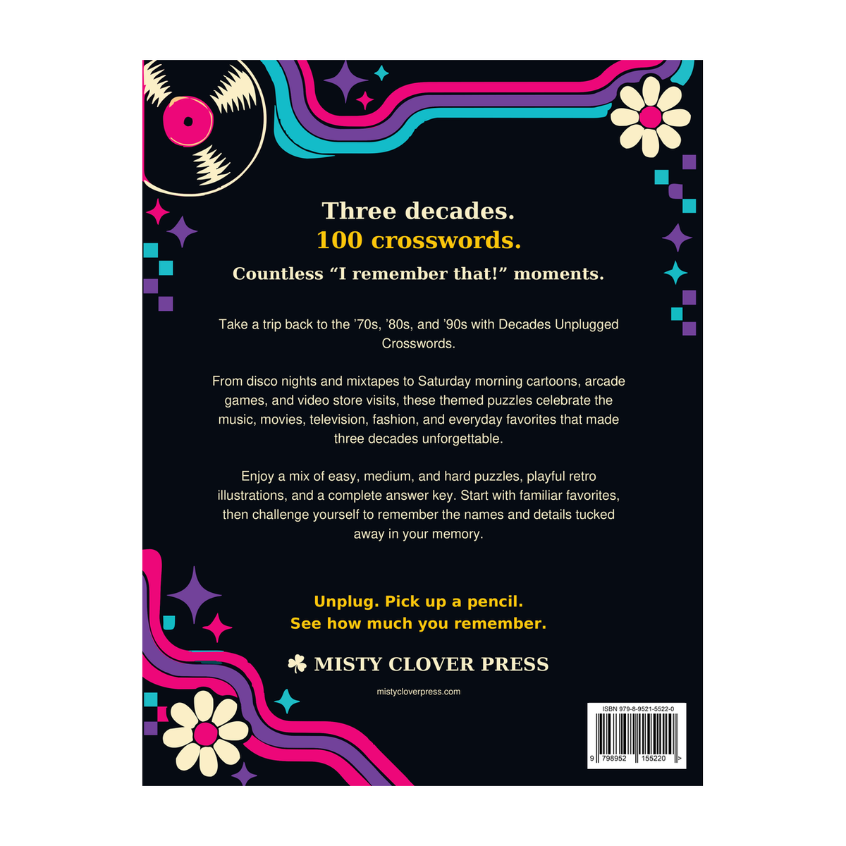 Back cover of Decades Unplugged Crosswords by Misty Clover Press