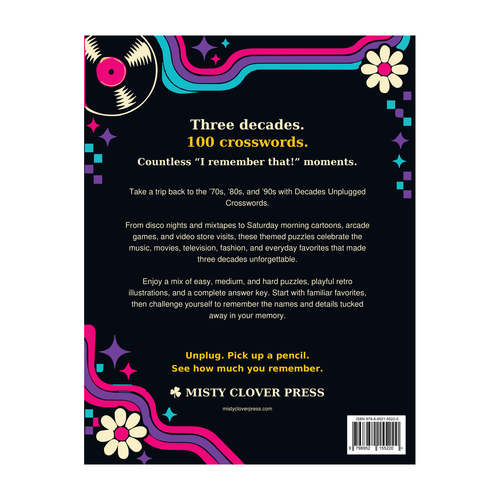 Back cover of Decades Unplugged Crosswords by Misty Clover Press