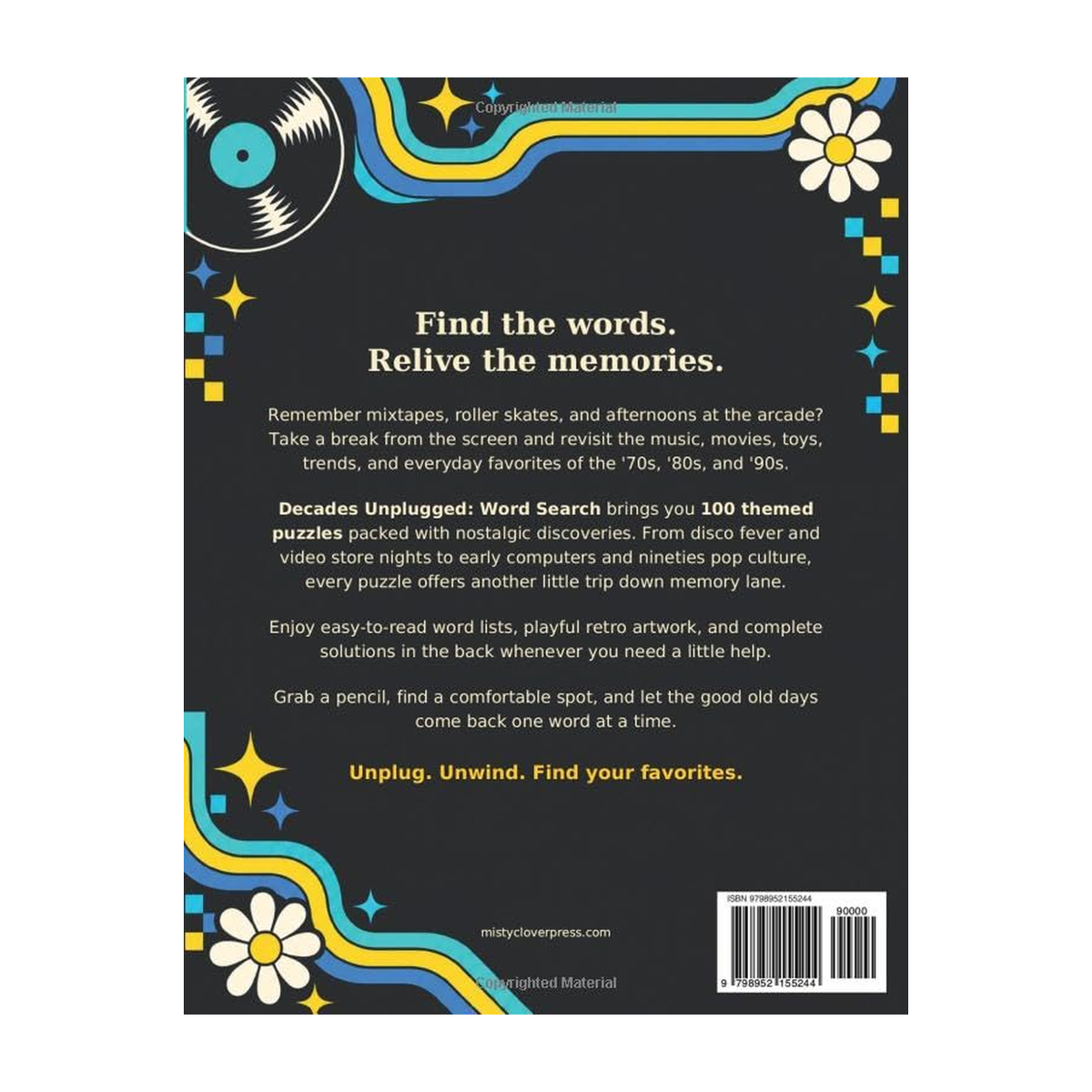 Decades Unplugged Word Search by Misty Clover Press, back cover, ISBN 9798952155244