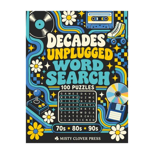 Decades Unplugged Word Search by Misty Clover Press, front cover